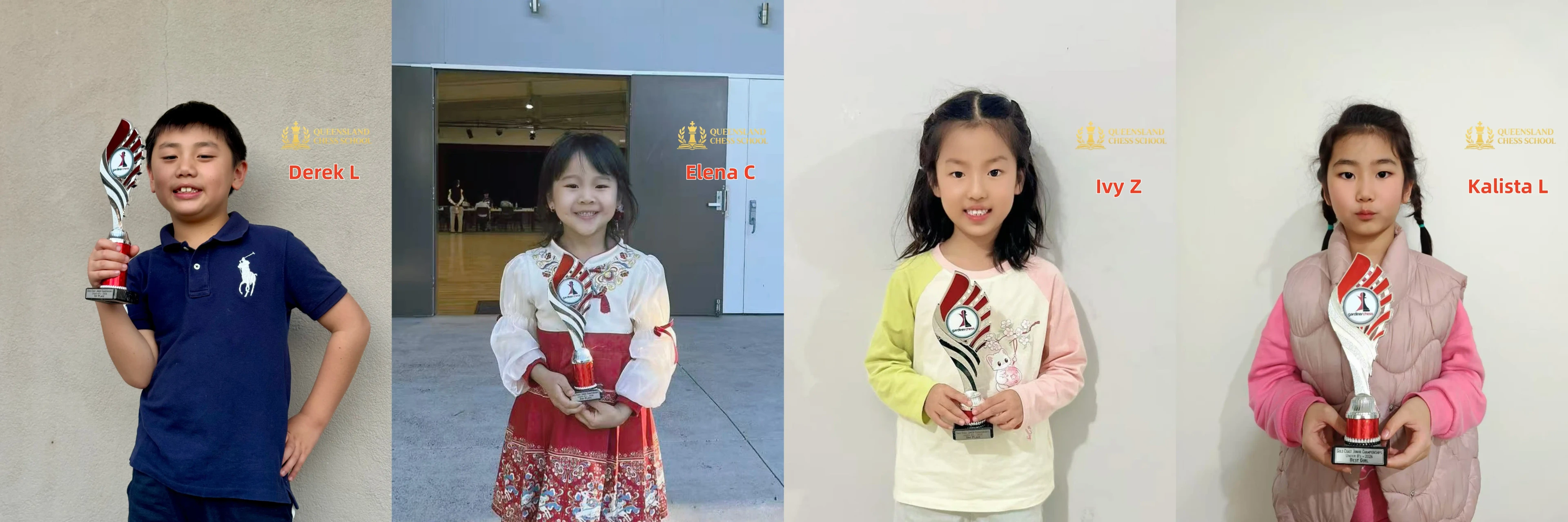 Derek L, Elena C, Ivy Z and Kalista L โ U8 trophy winners at Gold Coast Junior Chess Championship